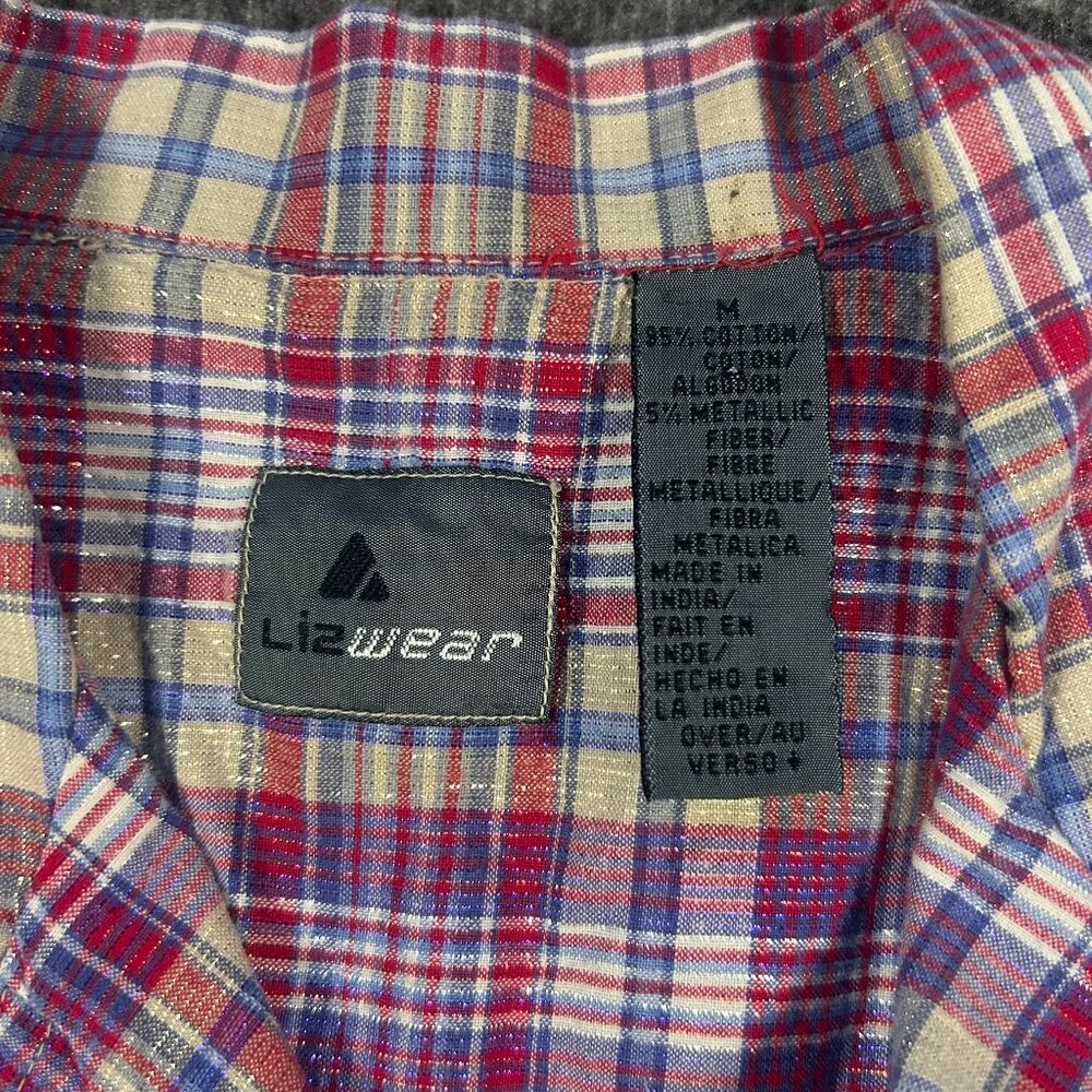 Vintage LizWear Metallic Plaid Button-Up Tie Front Shirt  Sz. M - Western Crop‎ - Picture 7 of 10